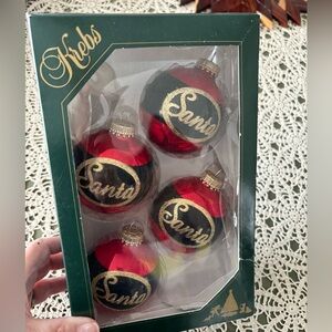 Krebs set of 4 glass vintage Santa ornaments. Red with Santa belt. Preloved